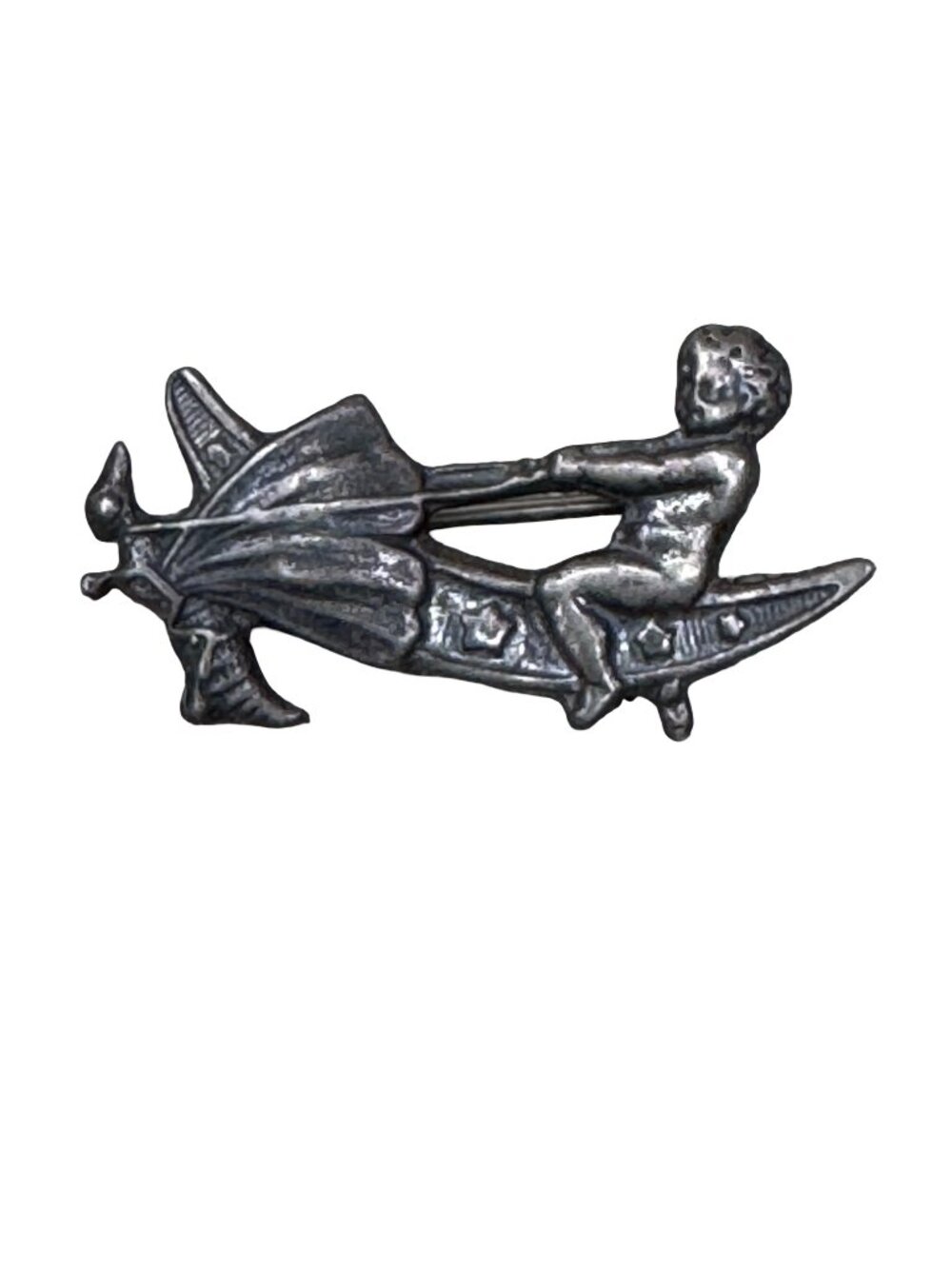 Vintage Cherub Riding Dragonfly On Insect Pewter Pin Brooch 1.5" Art Nouveau